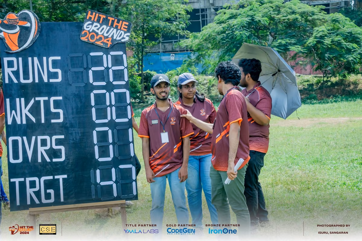 Players gathered at the scoreboard