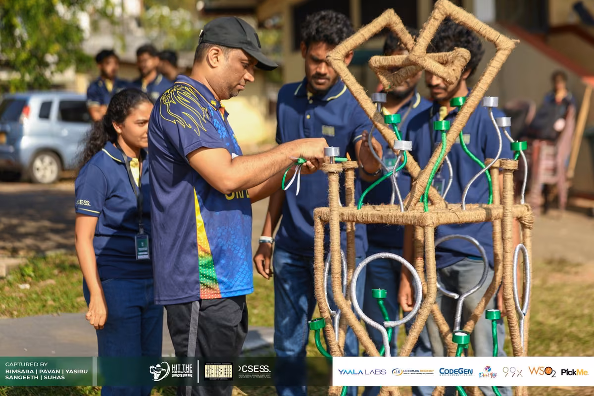 Players working on a wooden installation